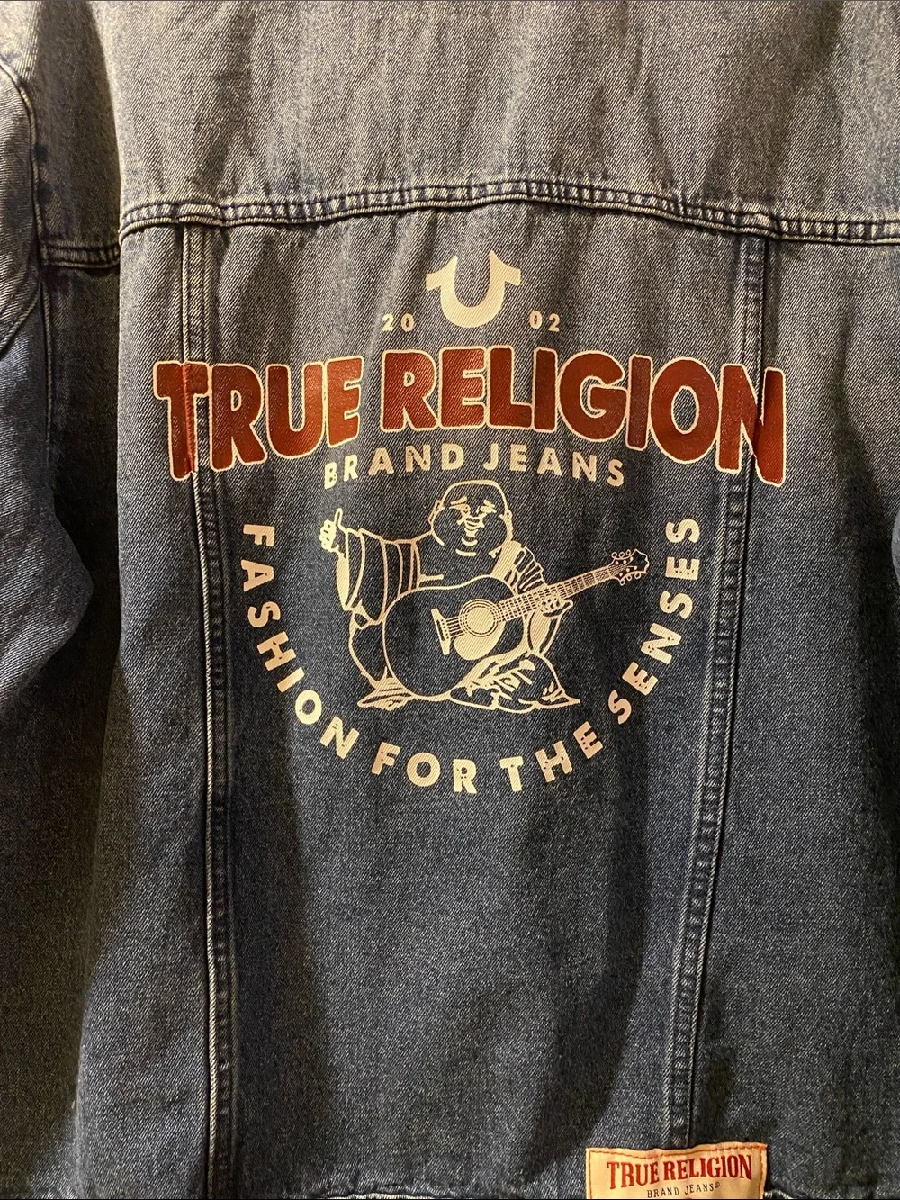 True Religion Cotton Stretch Logo Print Red Thread Blue Denim Jacket NWT